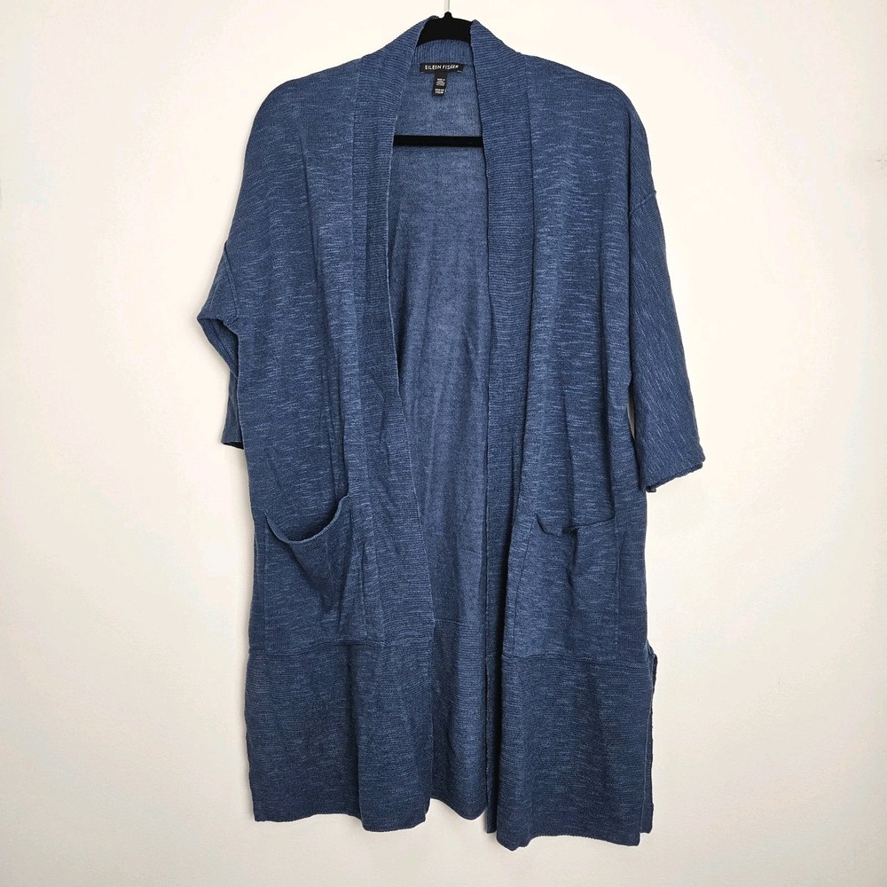 Eileen Fisher Cardigan Size XS Long‎ Open Front Slub Knit Linen Blend Blue